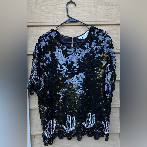 Oleg Cassini 100% Silk Sequins Evening Blouse Top Black - Picture 1 of 8